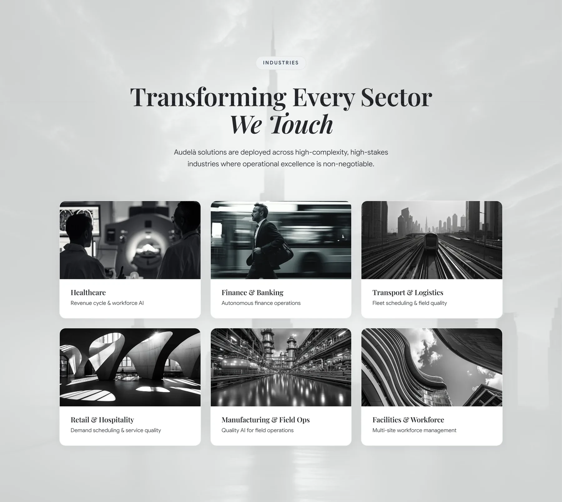 Industries section: healthcare, finance and banking, transport and logistics, retail and hospitality, manufacturing, facilities